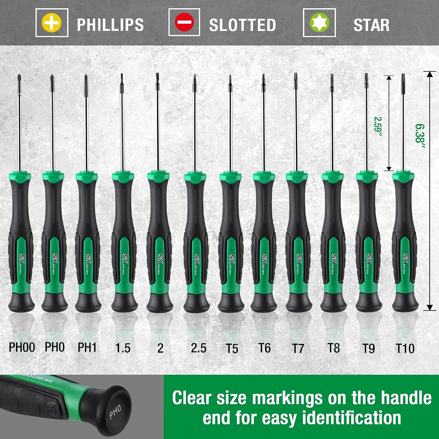 SK 12-Piece Mini Screwdriver Set, Precision Screwdriver Set, Small Kit | Micro Electronics Screwdrivers, Magnetic Slotted/Phillip/Star Tips, Premium Alloy Steel, SureGrip Handle, with Zipper Pouch