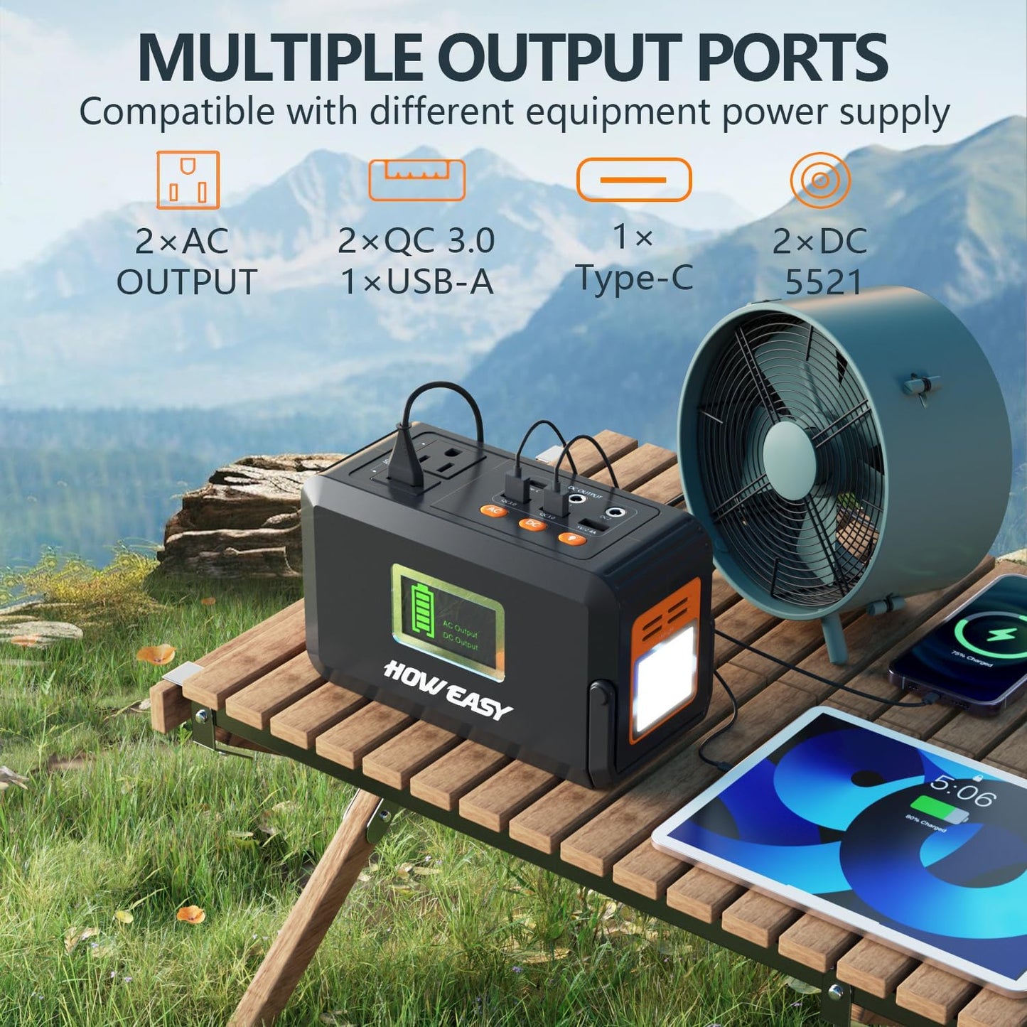 HOWEASY Portable Power Station,120W(240W Peak) Solar Generator | 88Wh Lithium Battery Power with 110V AC Outlet/DC/USB/LED Light for Outdoor Camping Trip Hunting Emergency
