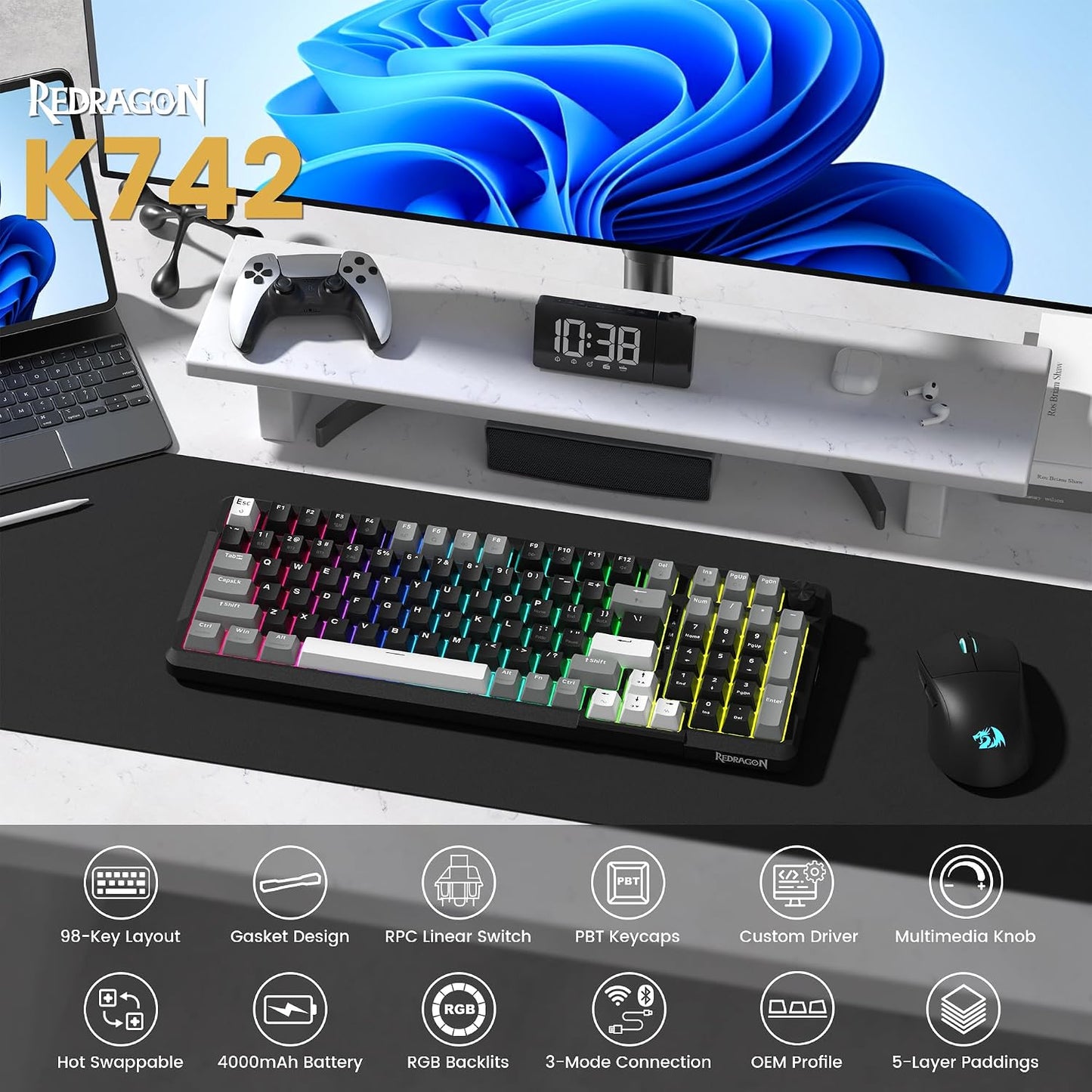 Redragon K742 Wireless Mechanical Gaming Keyboard with Knob for PC Computer | Bluetooth 5.0/2.4GHz/USB C Wireless Creamy Keyboard with Number Pad, RGB Backlits, Hot-Swappable with Linear Switches (Black)