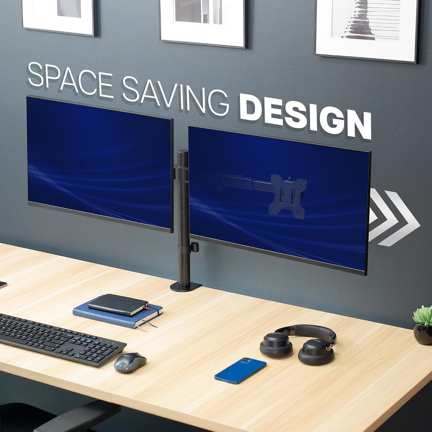VIVO Dual LCD LED 21 to 32 inch Monitor Desk Mount, Heavy Duty, Adjustable Telescoping Arms, Flush Wall Setup, Fits 2 Screens, Black, STAND-V002E