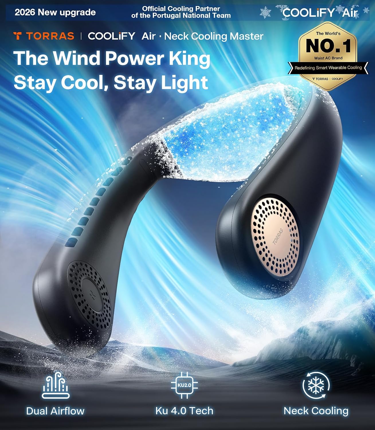TORRAS COOLiFY Air 2026 Upgraded Neck Fan Air Conditioner, Dual-Airflow Pro Cooling, Ultra Light Portable Fan Rechargeable, Personal Cooling Fan Travel Essentials, Gift for Dad Husband Father, Black