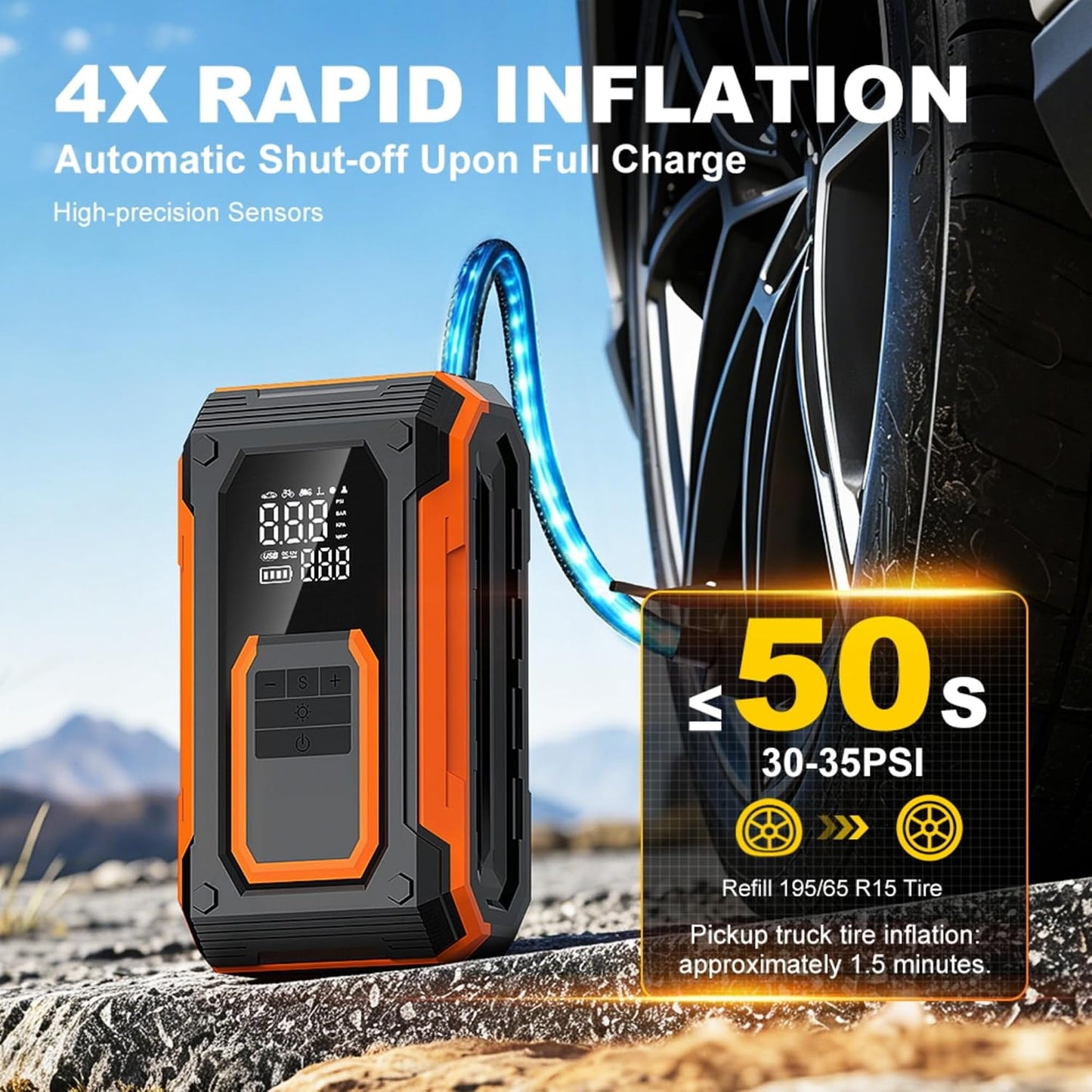 Tire Inflator Portable Air Compressor Cordless Air pump for Car Tires | 4 × Fast Inflation 35L/Min, Digital Dual Display, Auto Shutoff, LED Light, for Car, Motorcycle, Bike, Pickup Truck and Balls