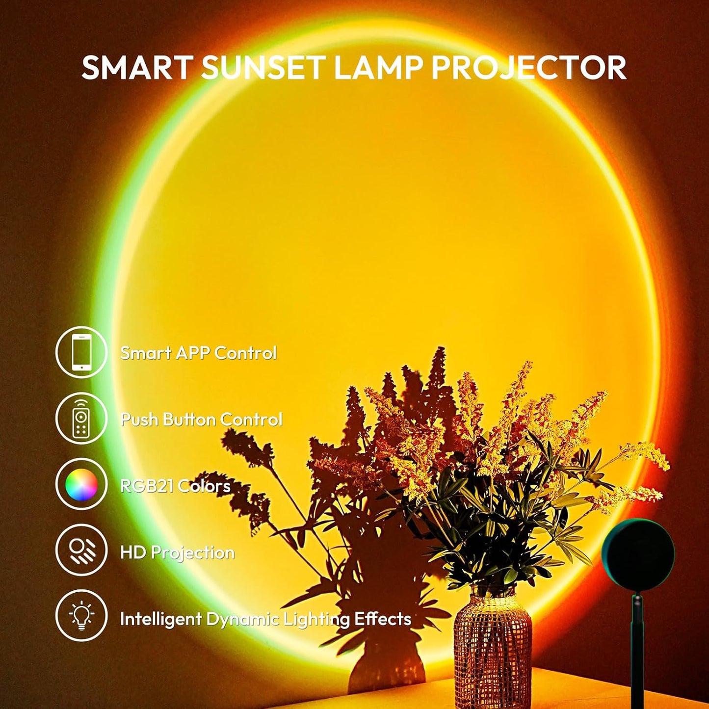 Sunset Lamp Projector with APP Control - 21 Color Changing LED Sunset Light, 180° Adjustable for Photography, Bedroom Decor, Party, Wedding, Mood Lighting