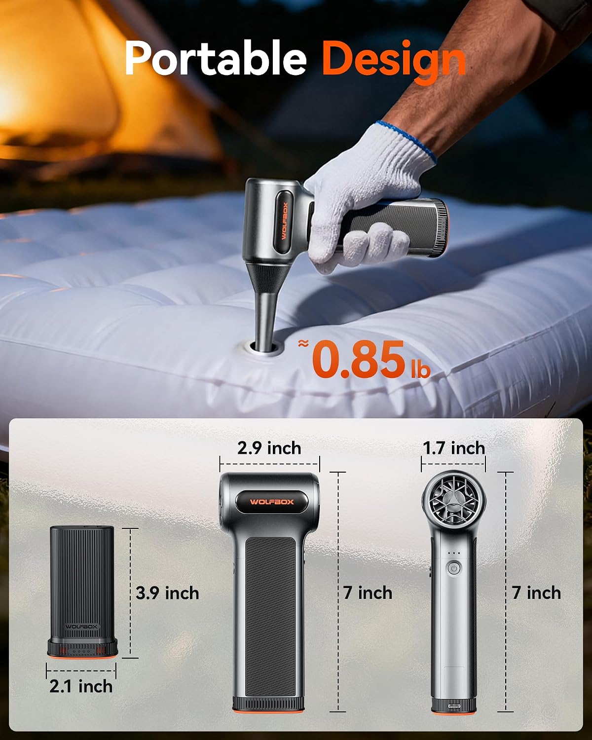 WOLFBOX MF200 Compressed Air Duster, Removable Battery, Car Cleaning, Home | 4 Nozzles, Cordless, 3-Speed Adjustable, Mini Blower, Computer Keyboard, Outdoor Use, 0.85 lb Portable, 2 Brushes