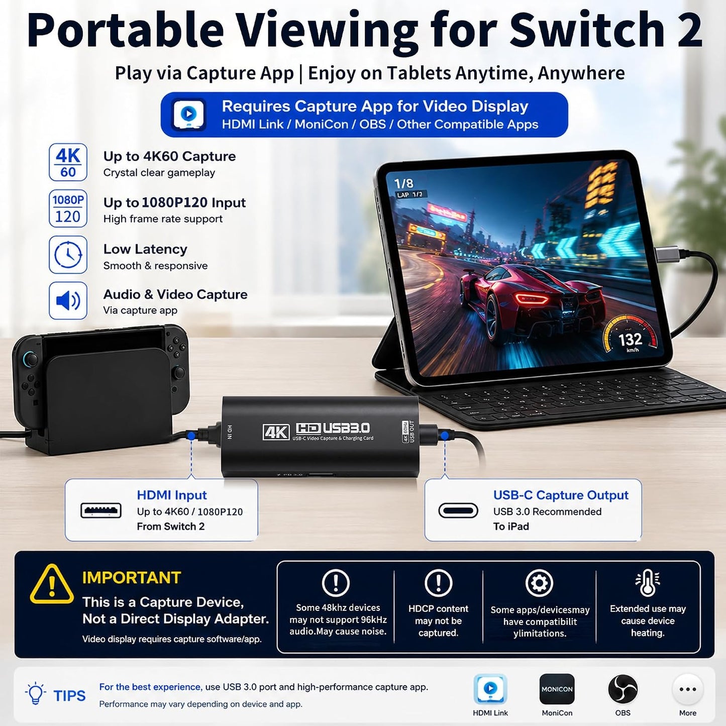 Guermok 4K USB 3.0 HDMI Capture Card for Streaming with PD 100W, 4K@60FPS | 2K@120FPS HDMI to USB C/A Capture Card for Streaming, Works with Pad, Tablet, MacOS, Switch2/1, Laptop, PC, Camera, VR, Black