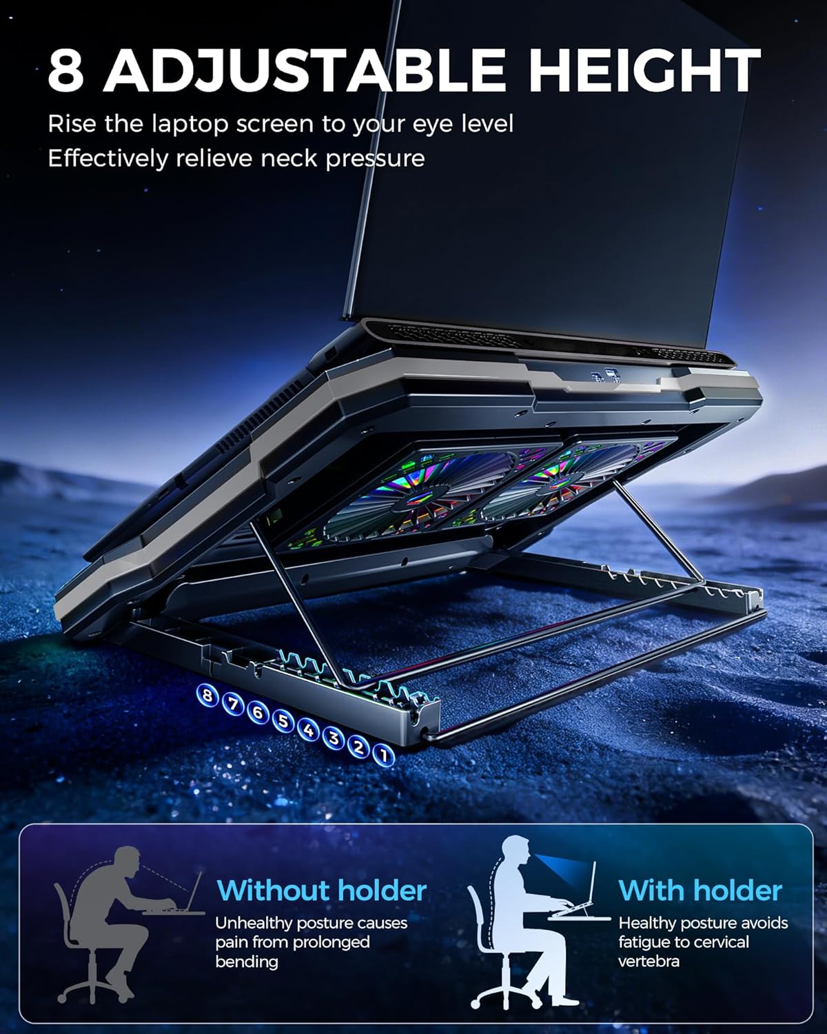 ChillCore 2 Detachable Fans RGB Gaming Laptop Cooling Pad, Rapid Cooling for 15.6-19.3" Laptops, Variable Speed Control, 8 Adjustable Heights - K6 RGB