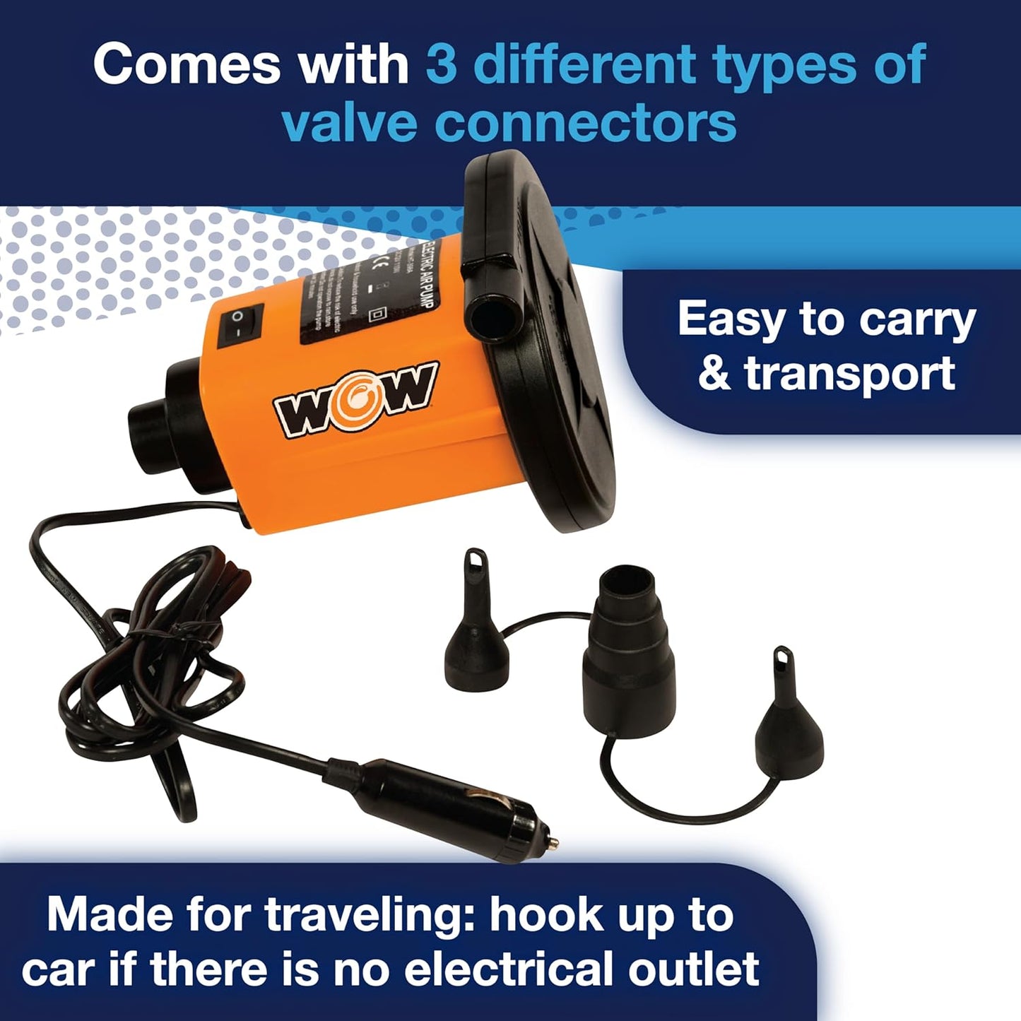 WOW Sports Electric Air Inflator, Air Pumps for Inflatables, Towables and Others, Comes with DC Power Adapter and Cord, 1.0 PSI | A 12V DC air pump for towables, pool floats, and air mattresses.