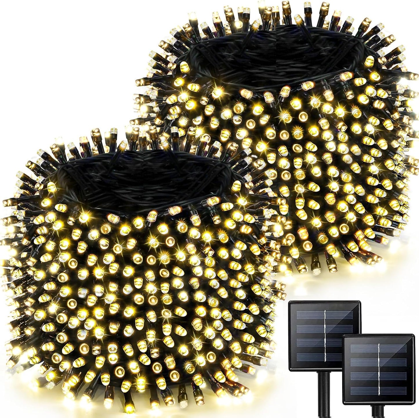 Solar String Lights Outdoor 2 Pack 170FT 480 LED Christmas Light Warm White | IP65 Waterproof, 8 Modes with Memory, Auto On/Off, 1800mAh Battery, up to 12Hr Runtime, Twinkle Lights for Tree Garden Yard