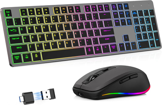 Wireless Keyboard and Mouse Combo with RGB Backlit Rechargeable Quiet Key