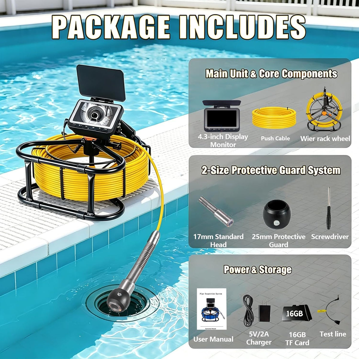 Sewer & Drain Camera 100FT, 4.3" HD Plumbing Inspection Camera 1080P IP68 | 17mm Probe, 6 LEDs, 5000mAh, 16GB DVR, Meter Counter, IP68 for Sewer Line, Drain Pipe, Plumbing & Pipe Inspection Camera