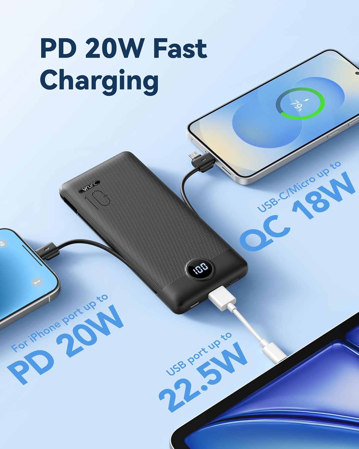 VRURC 10000mAh 22.5W Portable Charger, AC Plug & Built-in Cables,Black | Slim battery pack ,PD 20W fast charging, for business travel,compatible with iPhone & Samsung