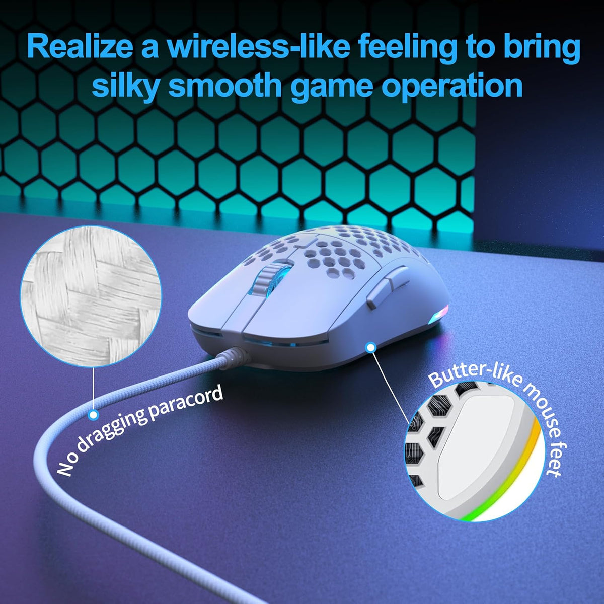TMKB Falcon M1SE White Gaming Mouse, Wired, Lightweight Honeycomb, 12800DPI | High-Precision Optical Sensor, 6 Programmable Buttons, Customizable 16.8M RGB, Ergonomic, Drag-Free Paracord, PTFE Skates