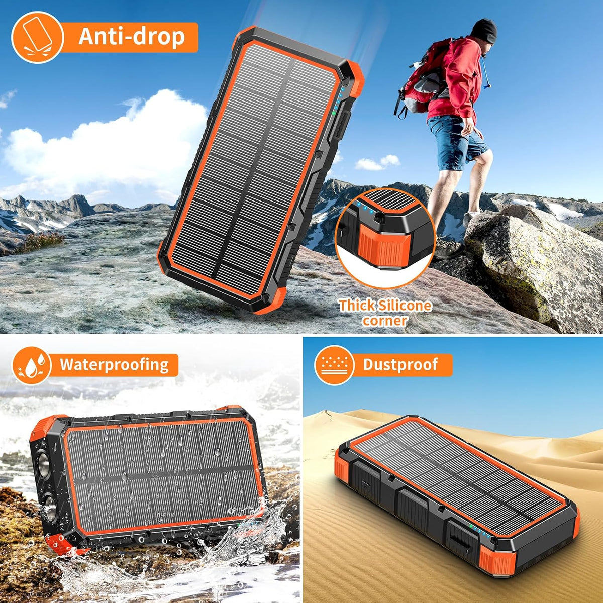 Solar Charger Power Bank 20000mAh Wireless Charger QC 3.0 Fast Charging Power Bank 8 Outputs 4 Inputs Solar Portable Charger Compatible with All Mobile Devices,SOS/Strobe/Strong Flashlights (orange)