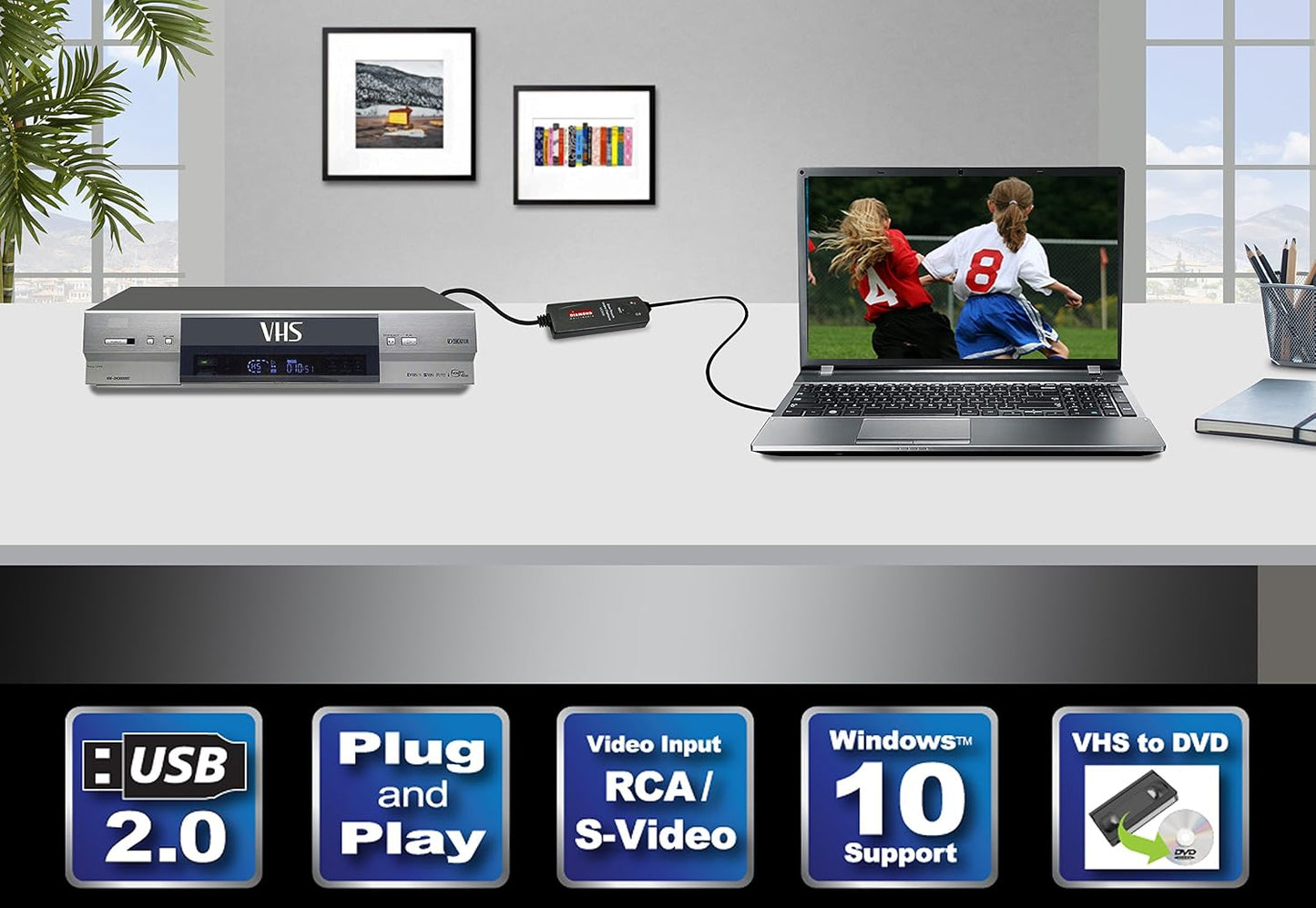 Diamond Multimedia VC500 One Touch VHS to Digital Converter – Capture & Convert VHS to Digital Files or DVD, Easy-to-Use Software, Windows 11,10 & Mac Compatible