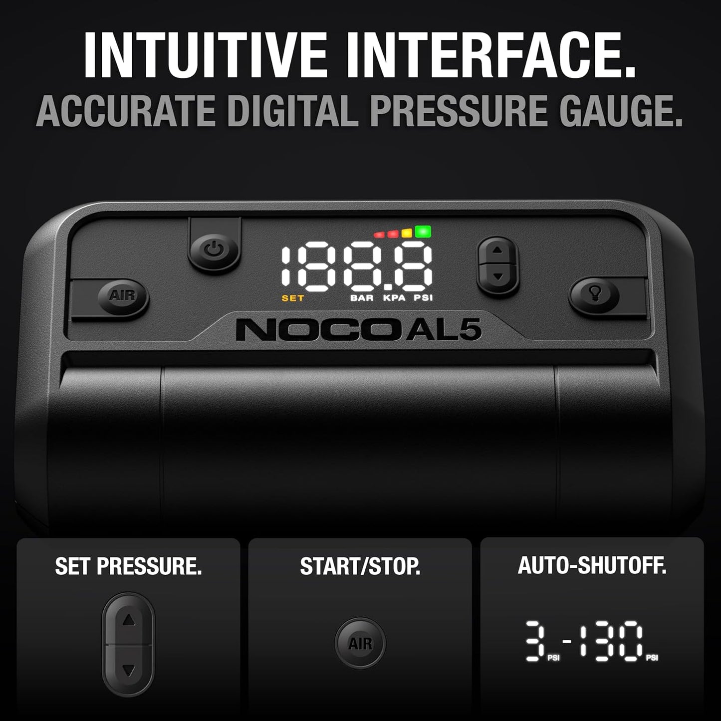 NOCO Air AL5 17 LPM 12V Cordless Tire Inflator & Portable Air Compressor | Inflates 0-40 PSI in 7 Minutes, 130 PSI, Digital Gauge & Auto-Shutoff, USB-C Rechargeable Power Bank, Tires up to 31 Inches