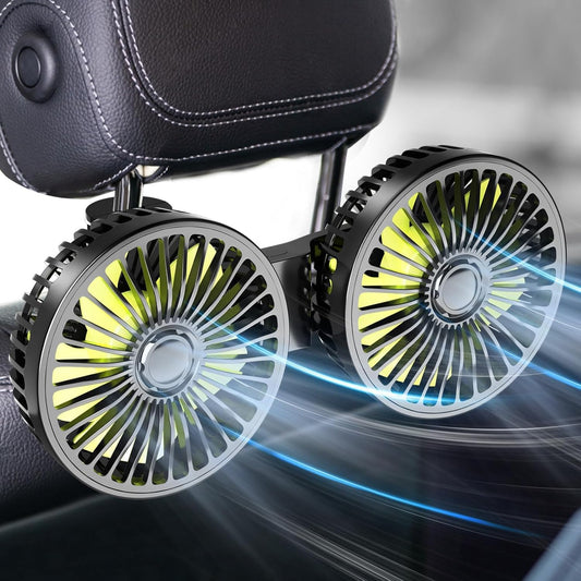 Dealswin Car Fan for Backseat kids, Dual Head USB Car Seat Fans, 360° Rotatable Strong Wind Rear Headrest CarFan for Baby, Air Circulation Fan with Adjustable Clip for Vehicles SUV RV