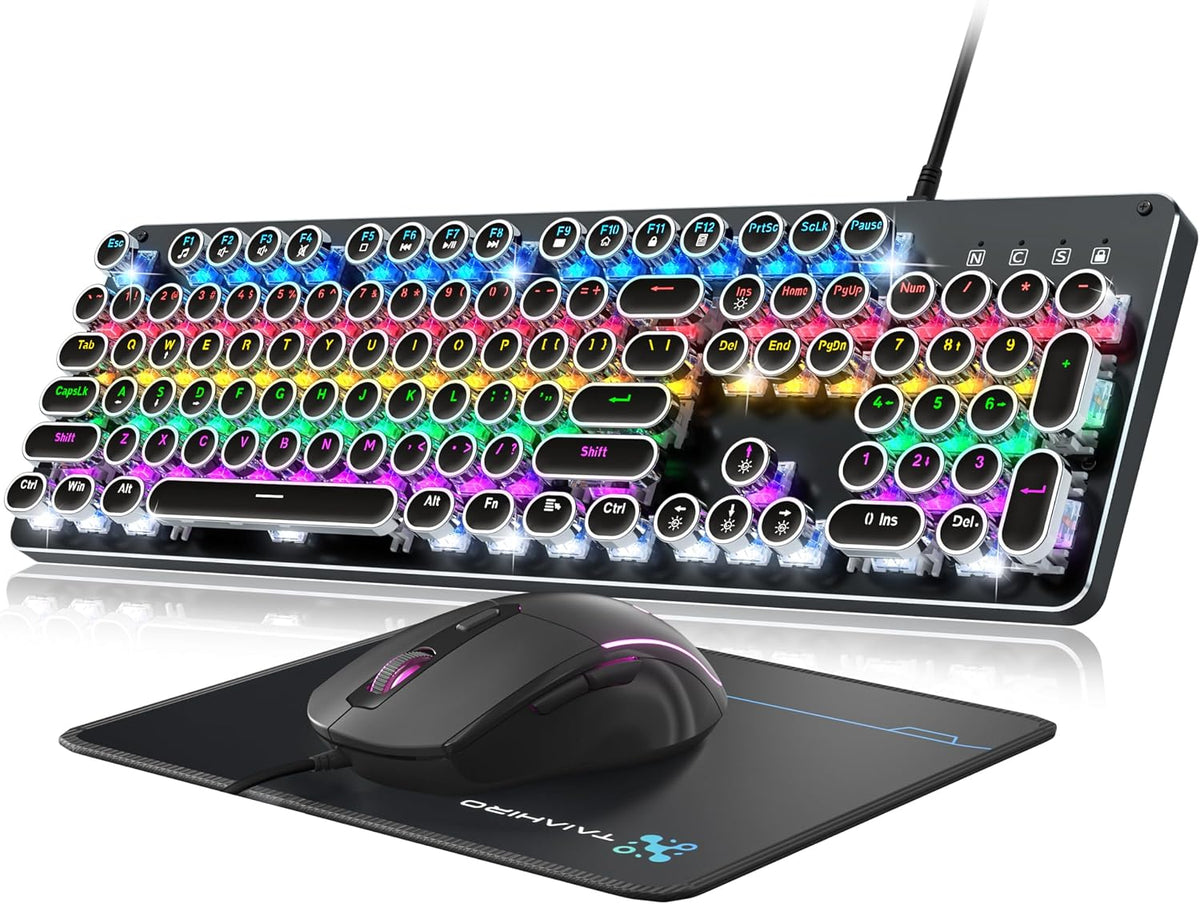 Typewriter Style Mechanical Gaming Keyboard Blue Switch, Rainbow LED Backlit Wired Computer Keyboards Mouse and Pad Combo, Metal Panel Retro Punk Round Keycaps, 104 Keys Anti-Ghost for PC Laptop Gamer