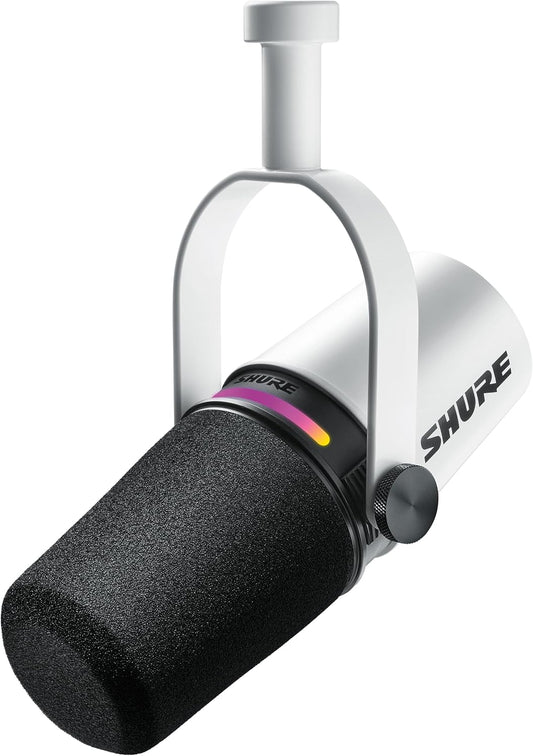 Shure MV7+ USB-C &amp; XLR Podcast Dynamic Microphone - White | USB-C and XLR dynamic mic with LED touch panel, auto level and pop filter for podcasting, streaming and recording