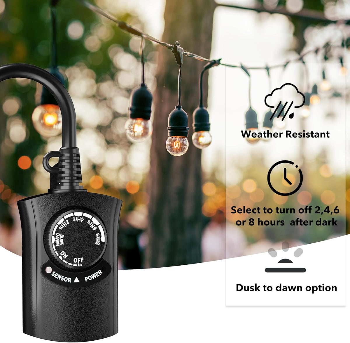 HBN Outdoor Light Timer Waterproof, Weatherproof Photocell Dusk to Dawn Light Sensor,2/4/6/8 Countdown Timer, 1 Grounded Outlet for Christmas Lights，Hallowen Deceration，1875W 15A 1/2HP