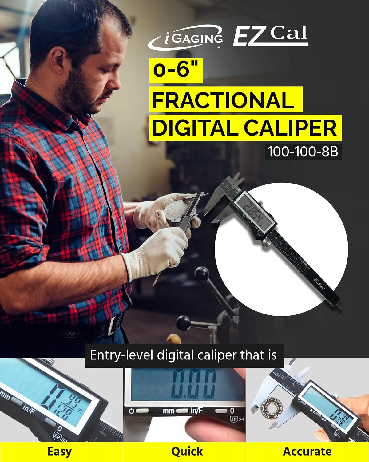 iGaging IP54 Electronic Digital Caliper 0-6" Display Inch/Metric/Fractions Stainless Steel Body