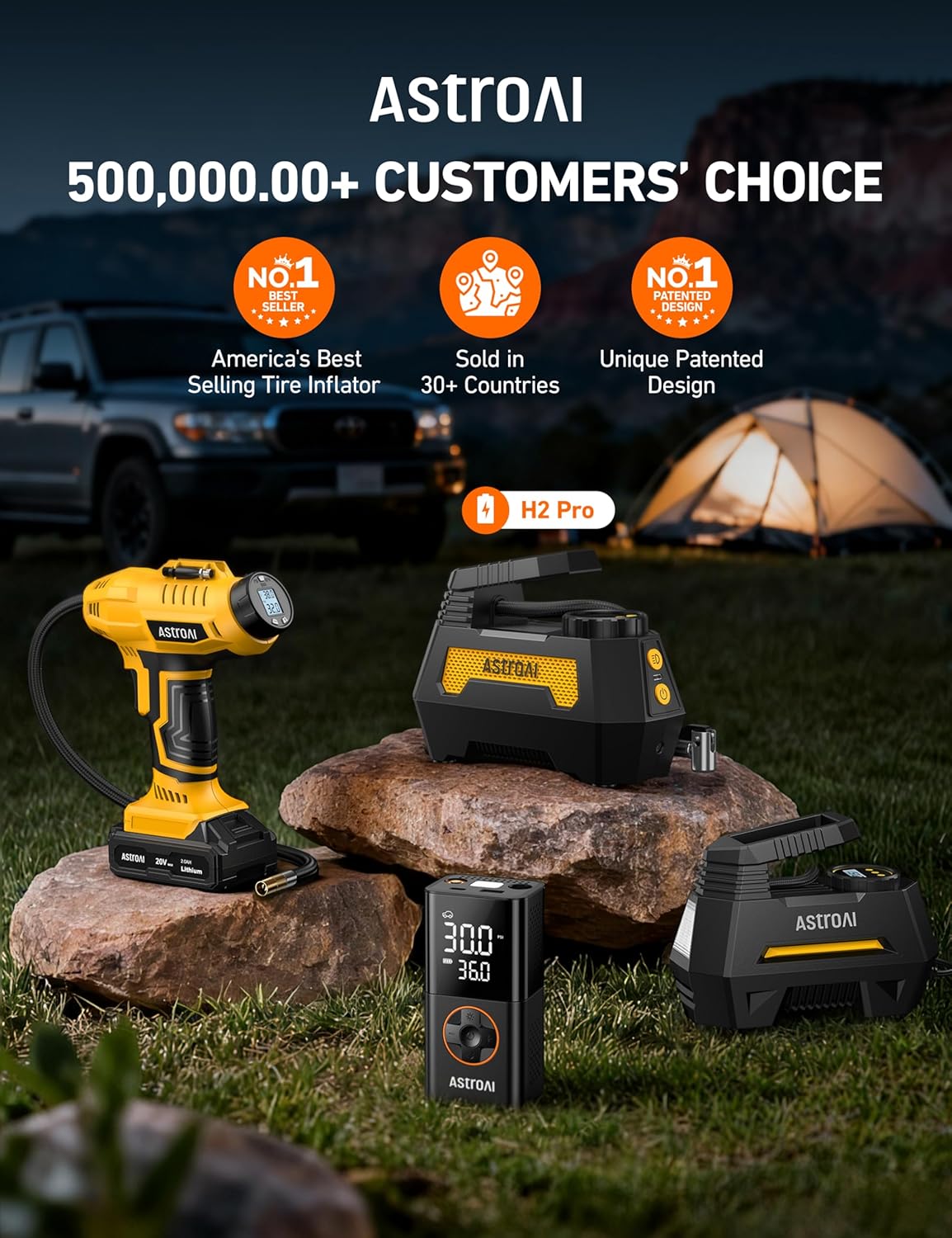 AstroAI H2 Pro Cordless Tire Inflator Portable Air Compressor 12VDC Battery | Dual Power Supply Auto Shut-Off Digital Pressure Gauge Fast Inflation Air Pump for Cars Motorcycles Bikes Ball Gift Yellow