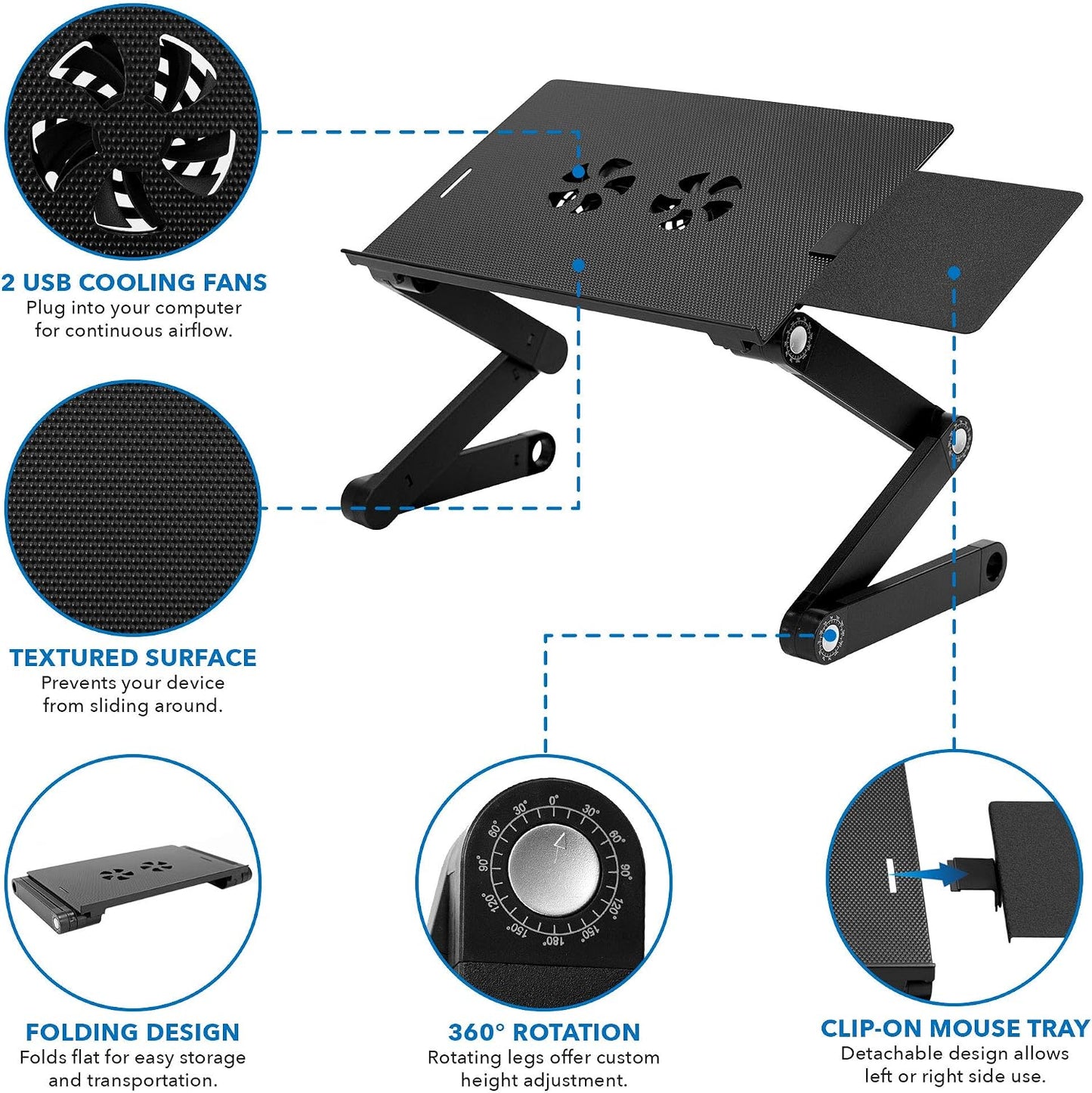 Mount-It! Adjustable Laptop Stand & Lap Desk with USB Cooling Fans, Large Aluminum Laptop Tray with Mouse Pad, Portable Sit-Stand Laptop Desk for Bed, Couch & Table