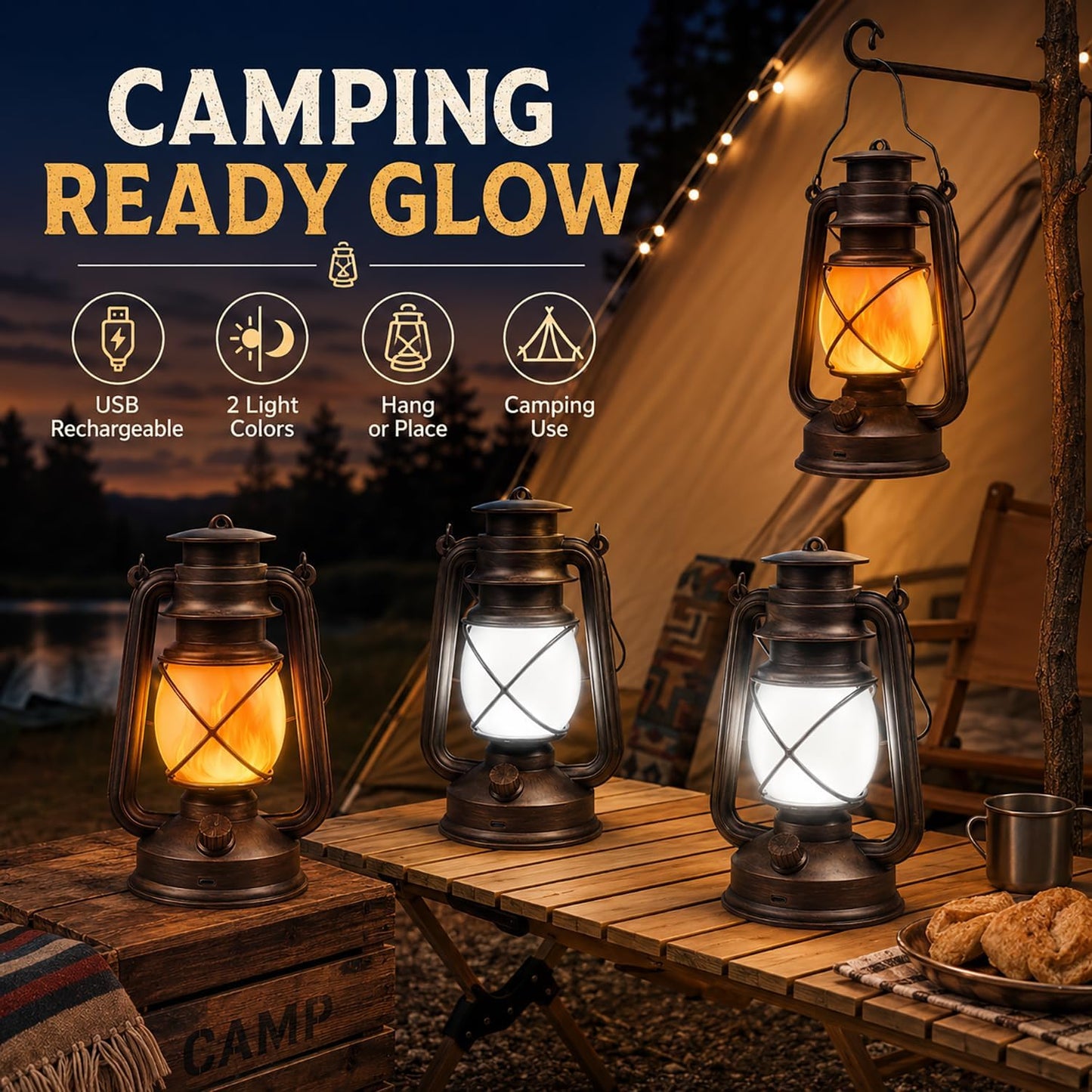 Marlrin USB Rechargeable Lanterns 2 Pack with Remote Control 4 Modes Lights | Vintage Hanging Lanterns Outdoor Waterproof LED Flickering Flame Light Outdoor Indoor Decor for Patio Porch Camping Halloween