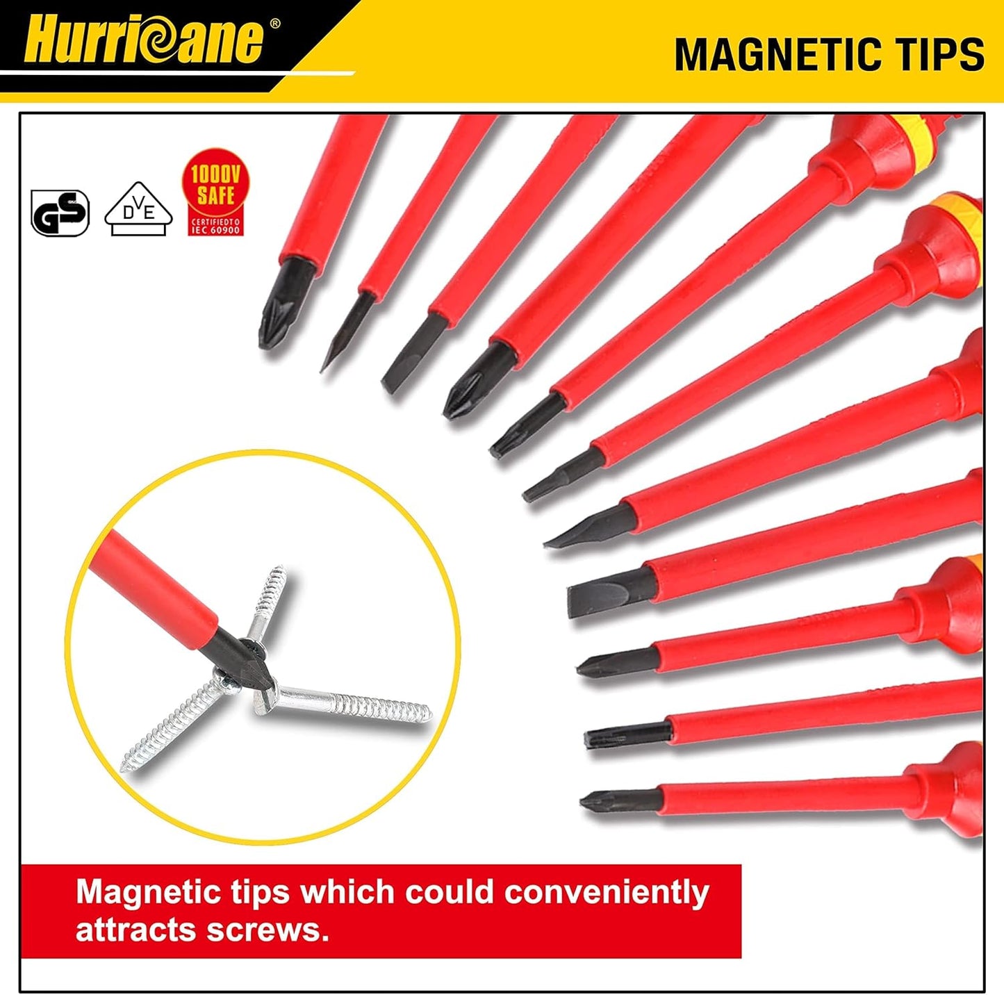 HURRICANE 1000V Insulated Electrician Screwdriver Set, 13 Piece Professional Electrical Screwdriver Set, CR-V Steel Magnetic Phillips Slotted Pozidriv Torx, Insulation VDE & GS Certified Screwdriver