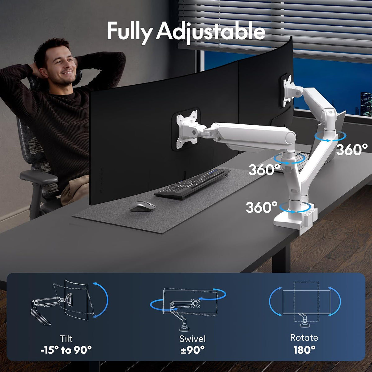 FlexiSpot Monitor Stand, Heavy Duty Dual Monitor Arm for Ultrawide Screen up to 39" and 44 Lbs, Adjustable Gas Spring Arm with C Clamp & Grommet Base for Gaming Office, 75/100 VESA Mount, White