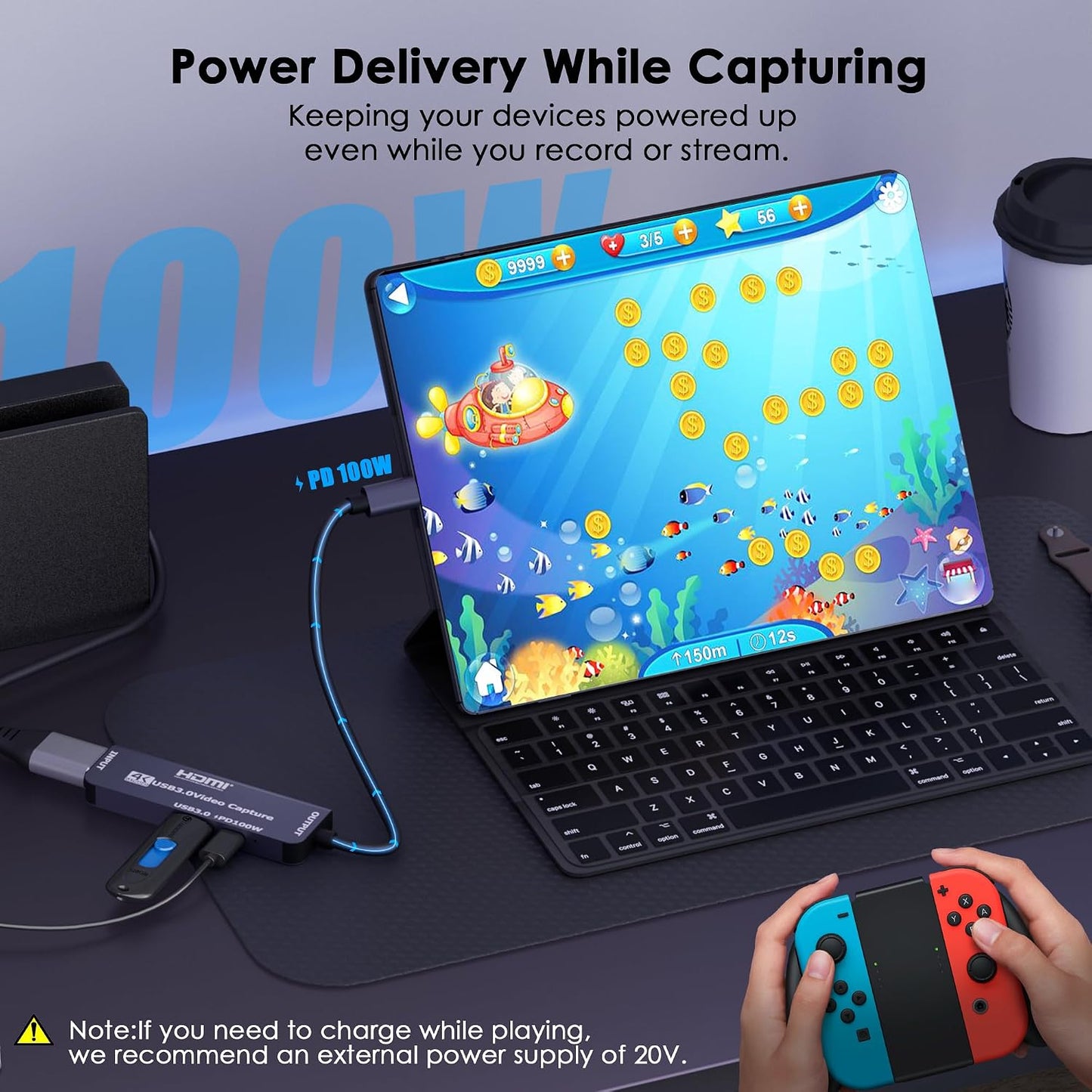 USB 3.0 Video Capture Card with PD 100W, Recording 4K, 1080P 60FPS, HDMI to USB-A/USB-C Capture Card with USB 3.0 Port for Quest 3, Switch, PS5/4, Camera, Xbox, Tablet PC