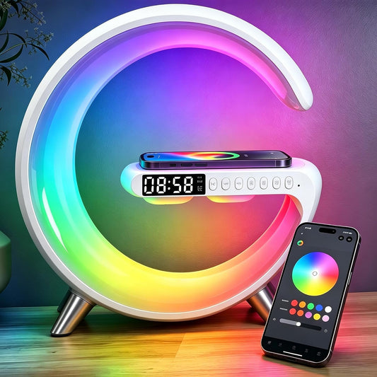 5 in 1 LED Table Lamp with Wireless Charging Bluetooth Speaker | App Controlled Night Light Alarm Clock for Christmas Birthday Gifts for Teens Adults Desk Office Bedroom Decor