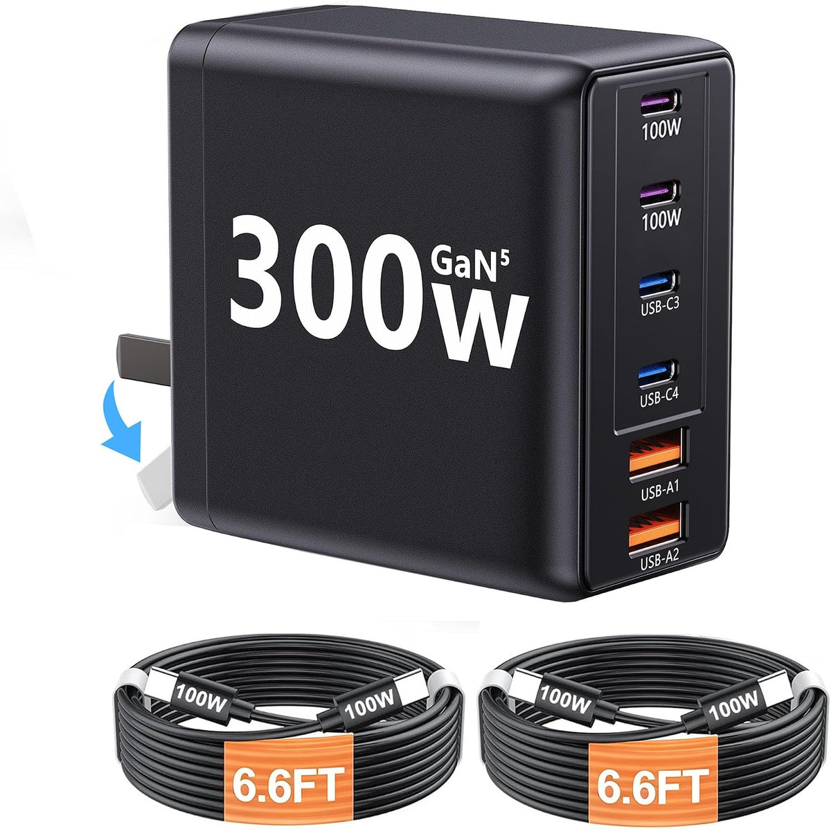 300W USB C Laptop Charger with 2 USB Cables 6Port Dual 100W