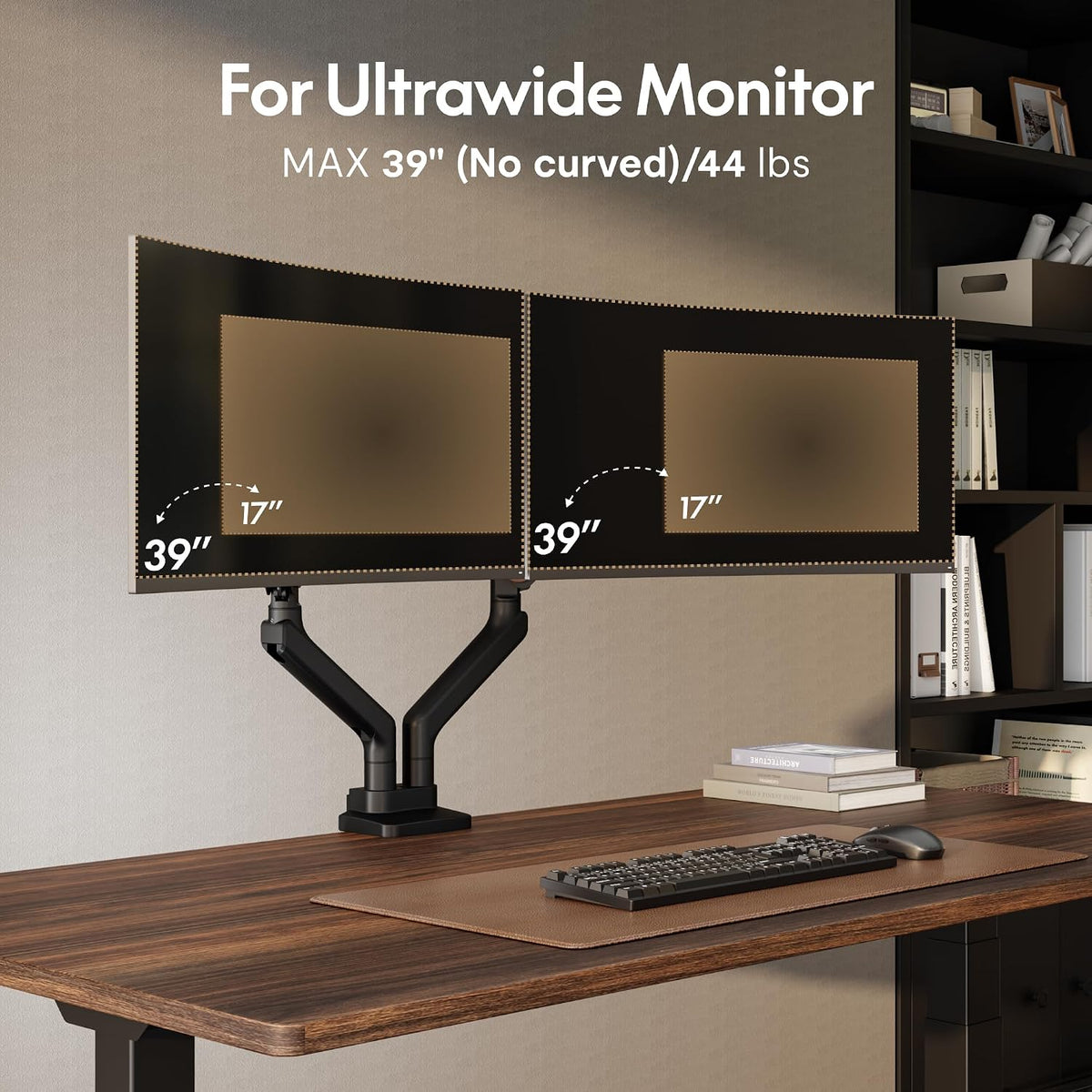 FlexiSpot Monitor Stand, Heavy Duty Dual Monitor Arm for Ultrawide Screen up to 39" and 44 Lbs, Adjustable Gas Spring Arm with C Clamp & Grommet Base for Gaming Office, 75/100 VESA Mount, Wood Grain