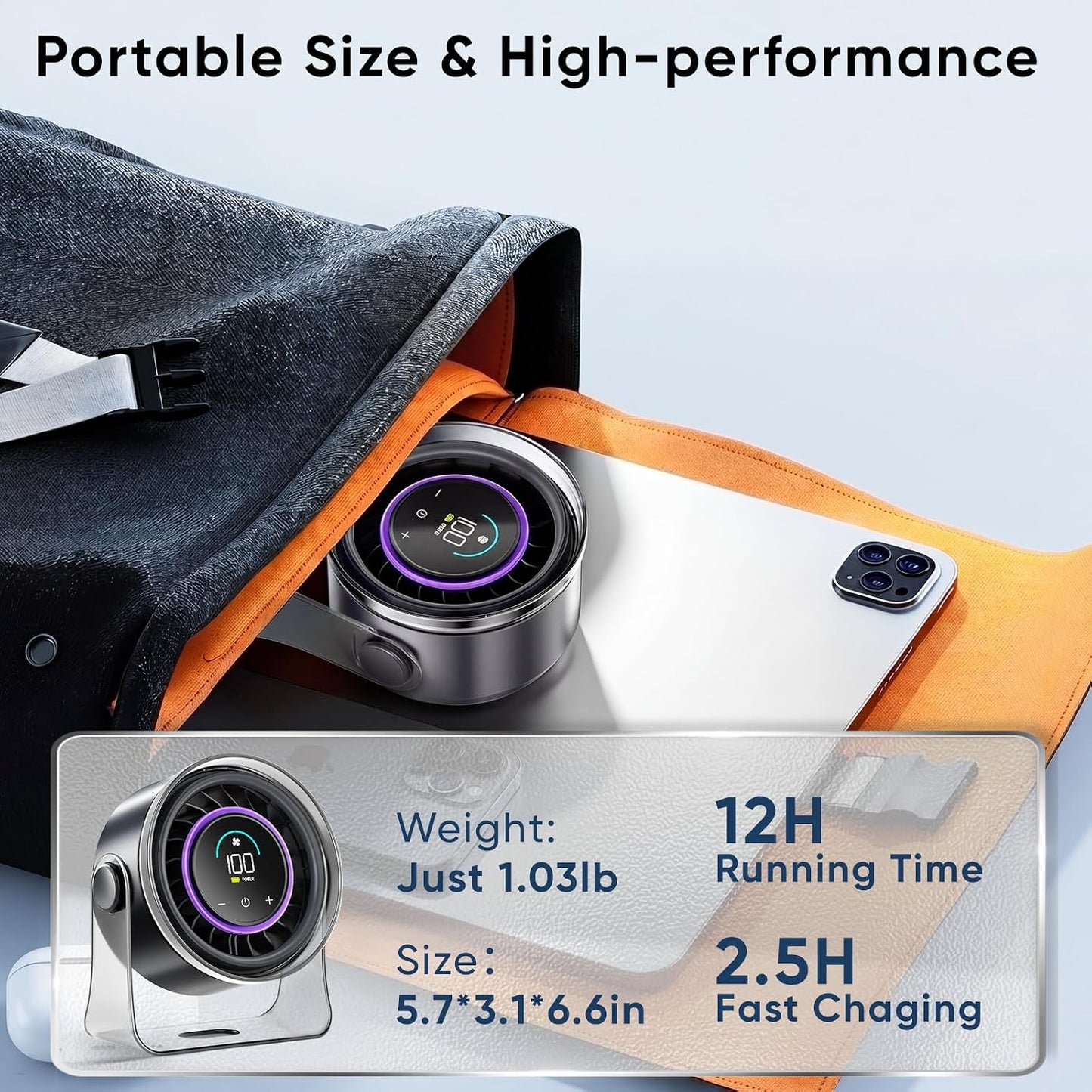 FRONTSUN Portable Desk Fan,Quiet Fan for Bedroom,Portable Fan withTurbo Airflow,Fans with 100 Speeds Digital Display, 360° Tilt,Rechargeable Battery Powered Fan,Small Fan for Home