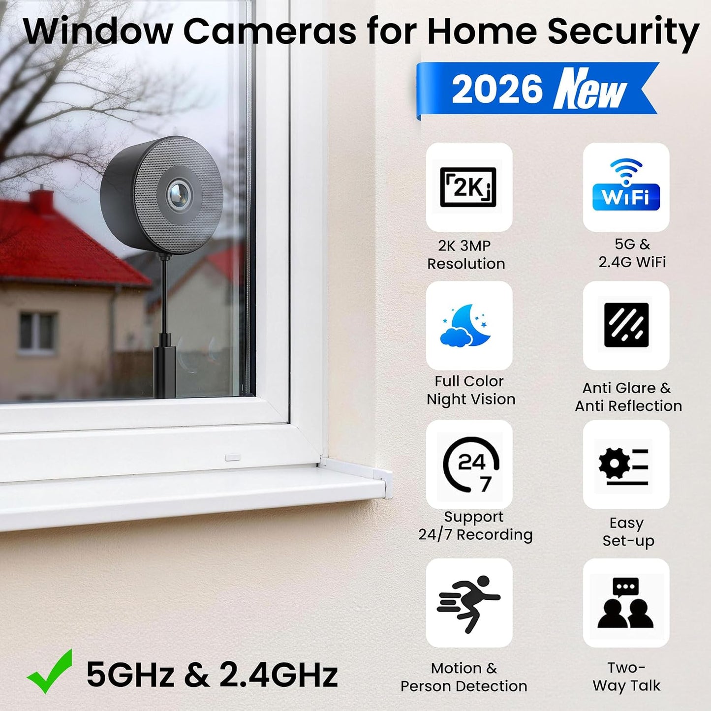 2K 3MP Window Camera, 5GHz & 2.4GHz WiFi Dome Cameras for Home Security for Indoor & Outdoor Monitoring, with Full Color Starlight Night Vision, Motion/Human Detection, Easy Install, 24/7 Recording