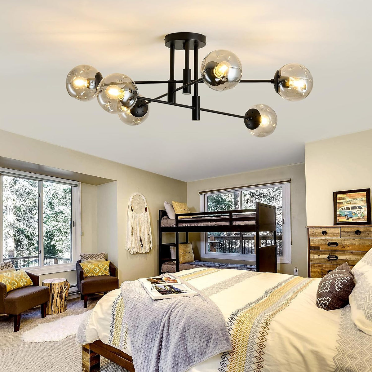 6-Lights Glass Globe Sputnik Chandelier Modern Flush Mount Ceiling Light Fixture Black Farmhouse Lighting for Dining Room Living Room Bedroom Kitchen Passageway.