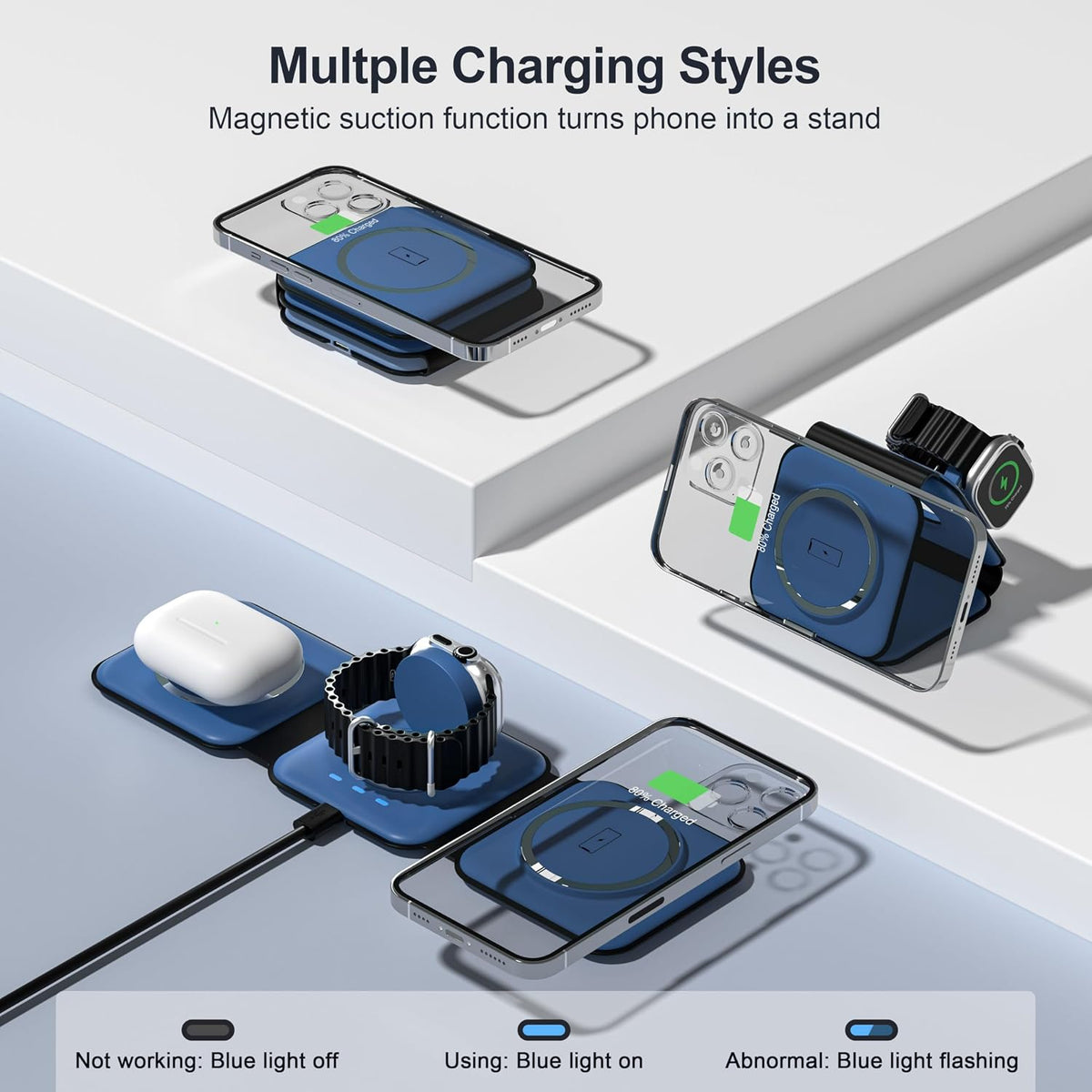 3 in 1 Charging Station for Multple Devices,Foldable 3 in 1 Wireless Charger for Travel,Nano Wireless Charging Station for iPhone16 15 14 13 12 Pro Max/Watch 10 9 8 7 6 5 4 3 Ultra/AirPod Pro