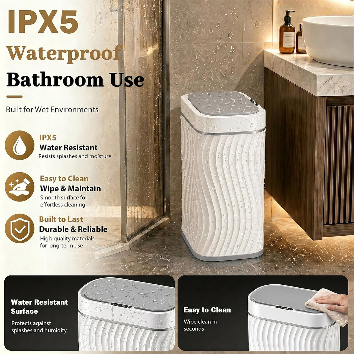2.6 Gallon Automatic Bathroom Trash Can with Touchless Lid, White Grey