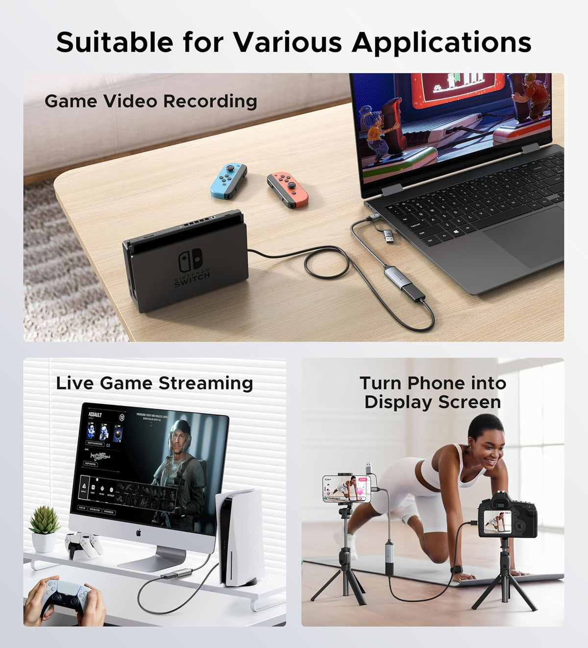 WARRKY Video Capture Card, 2-in-1 USB 3.0 USB A/C HDMI Capture Device, 4K Input 1080P 60FPS Low Latency Game Capture Card for Streaming & Recording, Compatible with PS5, Nintendo Switch, Xbox, PC, Mac