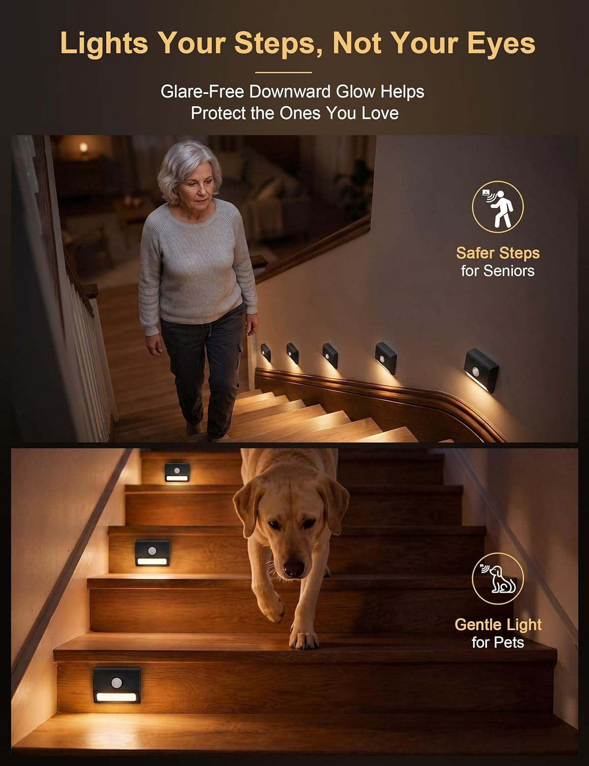 Sujeet Motion Sensor Stair Lights Indoor, 6 Pack Rechargeable Stairway Lights with Glare-Free Downward Glow, 2-Month Battery Life, 3 Color Temperatures, Adjustable 15s/30s Timer, Magnetic Step Lights