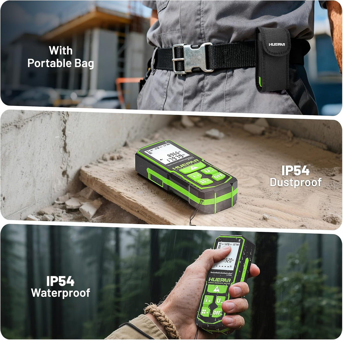 Huepar 395FT Bluetooth Green Laser Measuring Tool S120-G-BT | with 60" Tripod, APP Control, 1/16in Accuracy Laser Distance Measurement Tool, Digital Laser Room Measuring Device