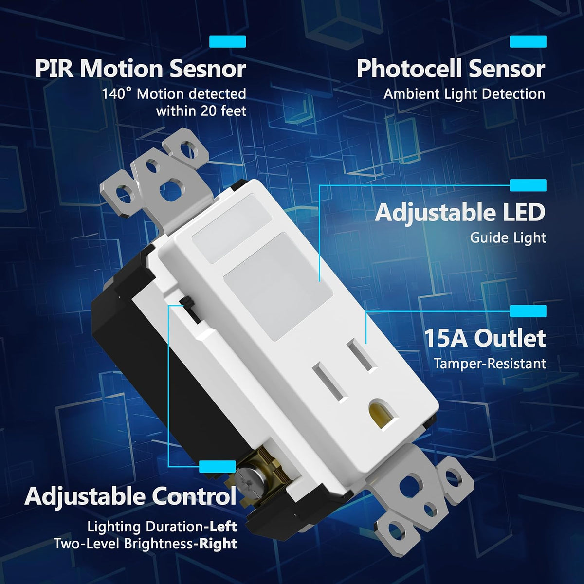 LIDER 15A Outlet, LED, Motion Sensor, PIR Guide Light Receptacle, UL Listed