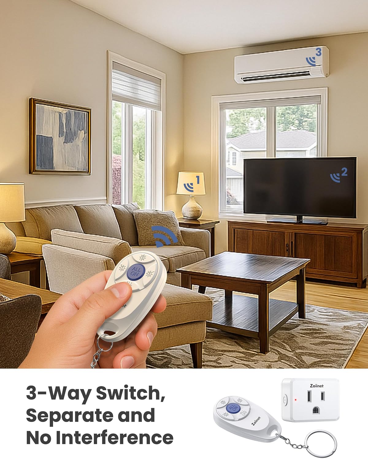 Zoiinet Mini 3-Gang Remote Control Outlet Plug Switches, Mini Key Design | 80-275V/15A/1500W, Removable, No Wiring No WiFi, 300 ft, Expandable, for Household Appliances, Christmas Tree, Fans, Lamps