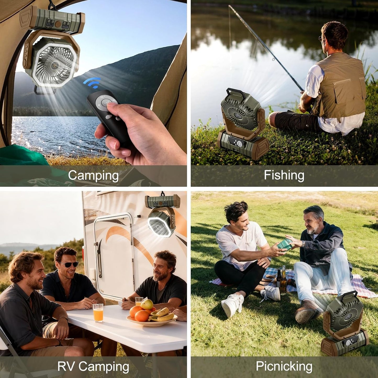 Odoland 30000mAh Camping Fan with LED Lantern, Rechargeable Battery Fan | Operated Oscillating Fan with Remote & Hook, Portable Tent Fan with Timer, 4 Speeds for Outdoor Camp RV Power Outage, Brown