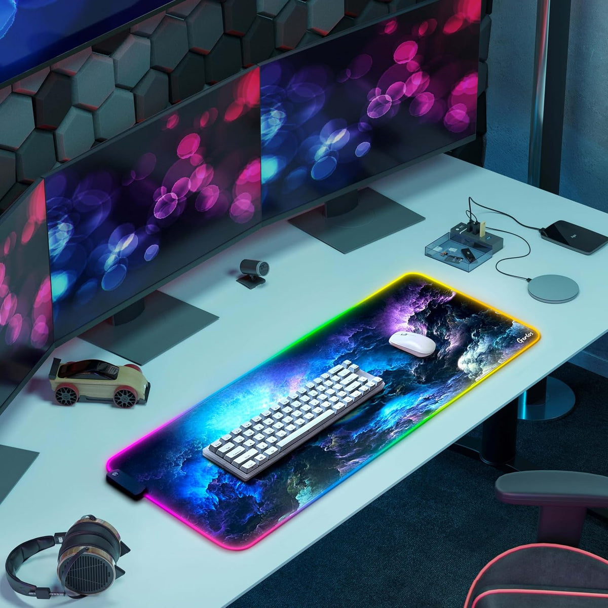 RGB Gaming Mouse Pad, Large LED Desk Mat, 31.5 x 11.8 Inch | 12 light modes, non-slip base, water-resistant surface, stitched edges