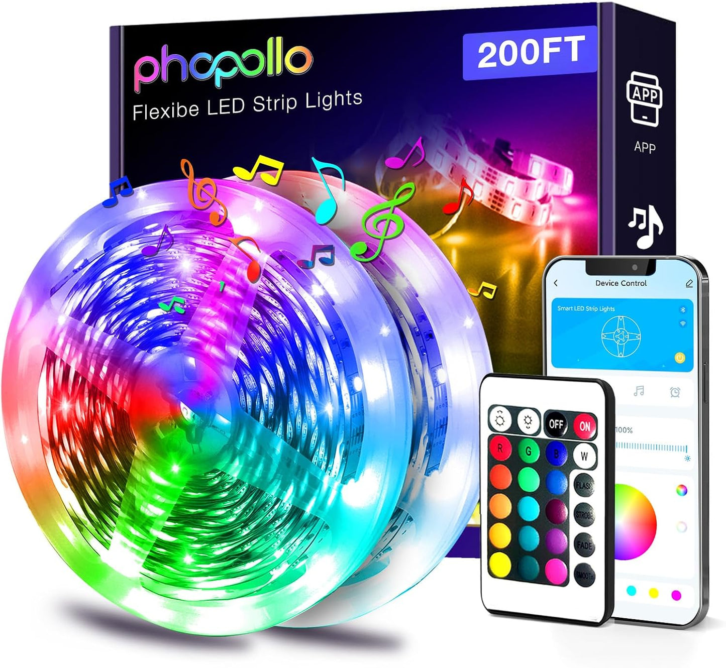 phopollo 200FT LED Strip Lights for Bedroom RGB Color Changing | Ultra Long Lights, Music Sync, Smart App Control, Remote, Party &amp; Home Decor