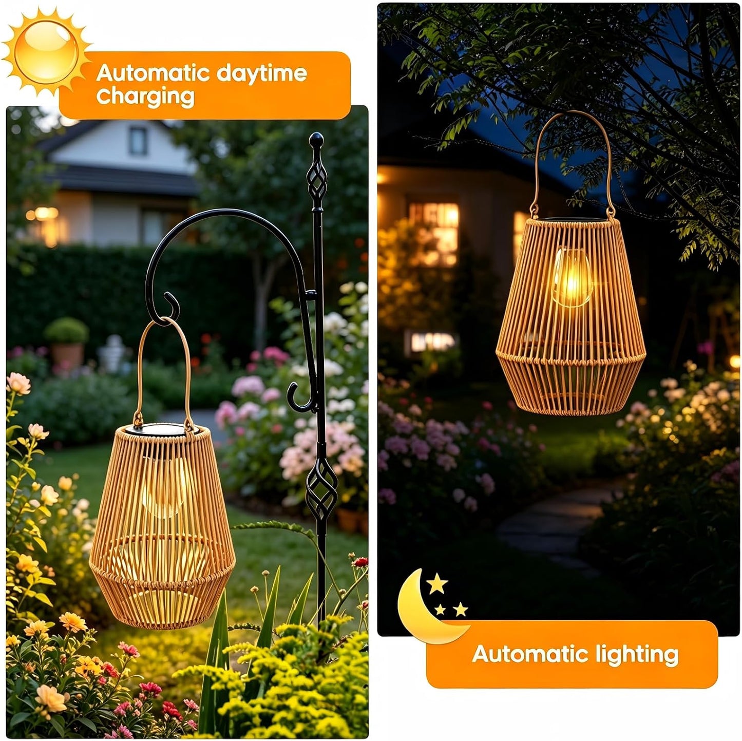 Solar Lanterns Outdoor Waterproof, Solar Rattan Lanterns 2 Pack | Gifts for Women Mom Grandma Hanging Solar Lights Outdoor Garden Decor for Outside, Patio, Yard, Porch, Lawn, 2 Pack
