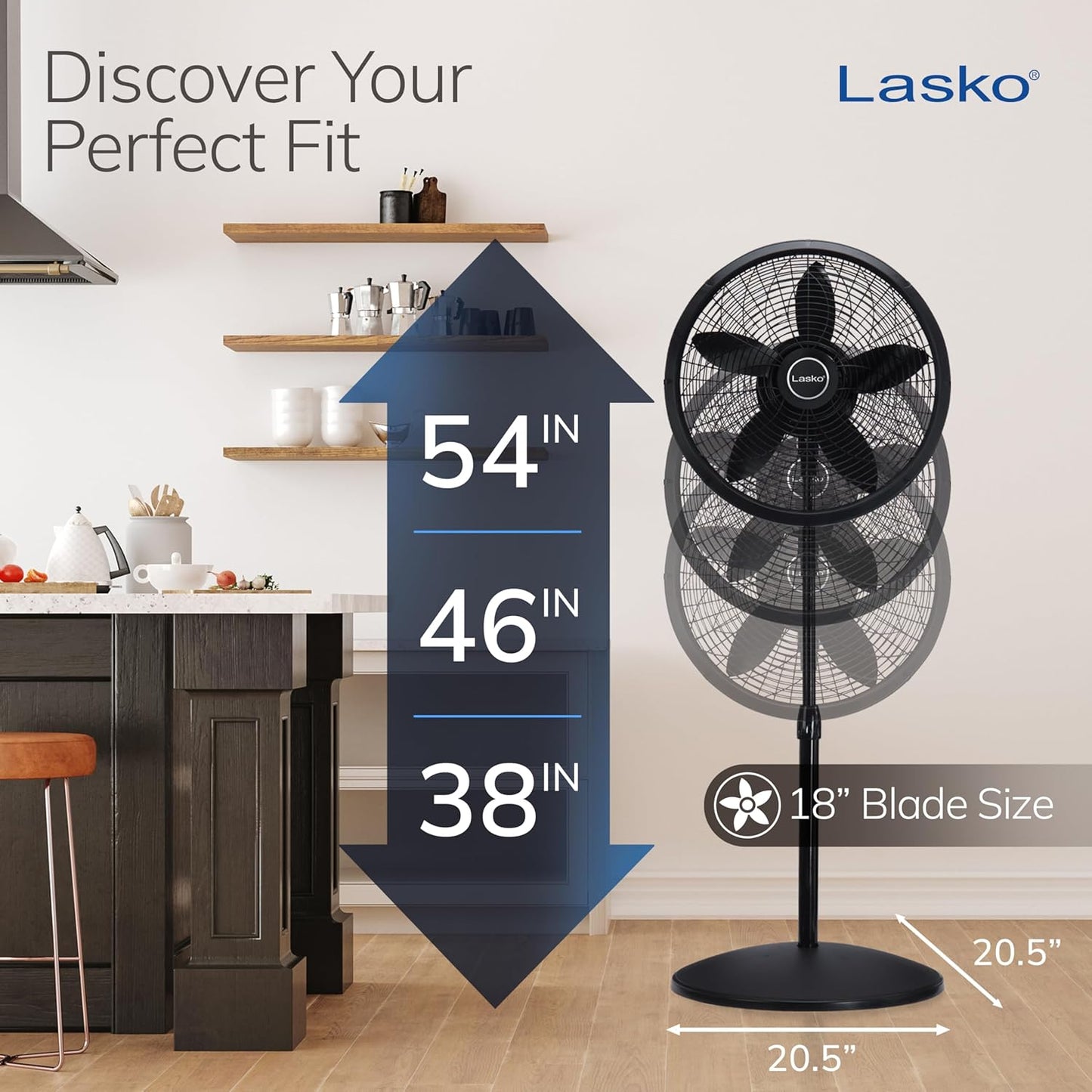Lasko Pedestal Fan, Oscillating Fan for Bedroom with Adjustable Height and 3 Cooling Speeds, Portable, 18", Black, 1827