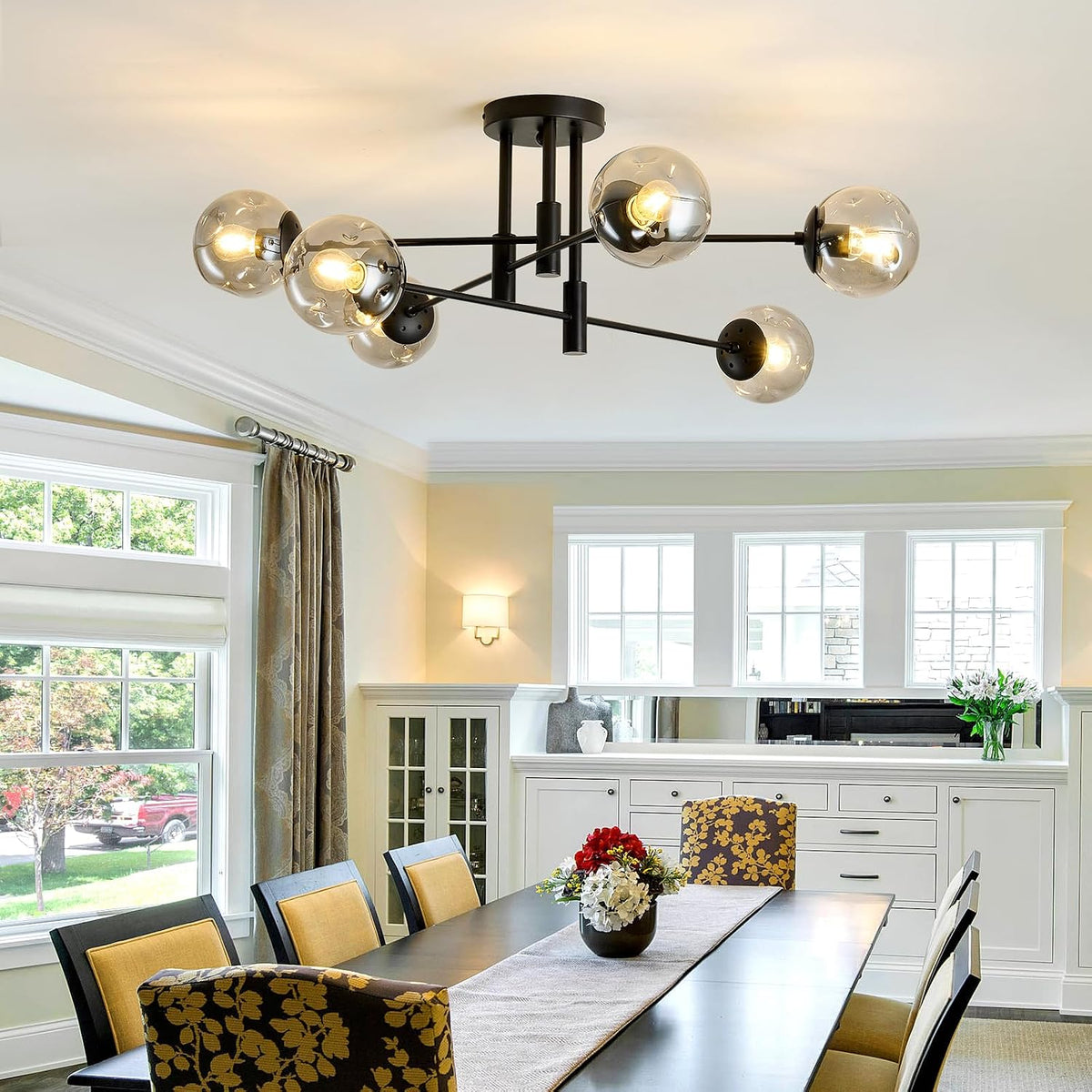 6-Lights Glass Globe Sputnik Chandelier Modern Flush Mount Ceiling Light Fixture Black Farmhouse Lighting for Dining Room Living Room Bedroom Kitchen Passageway.
