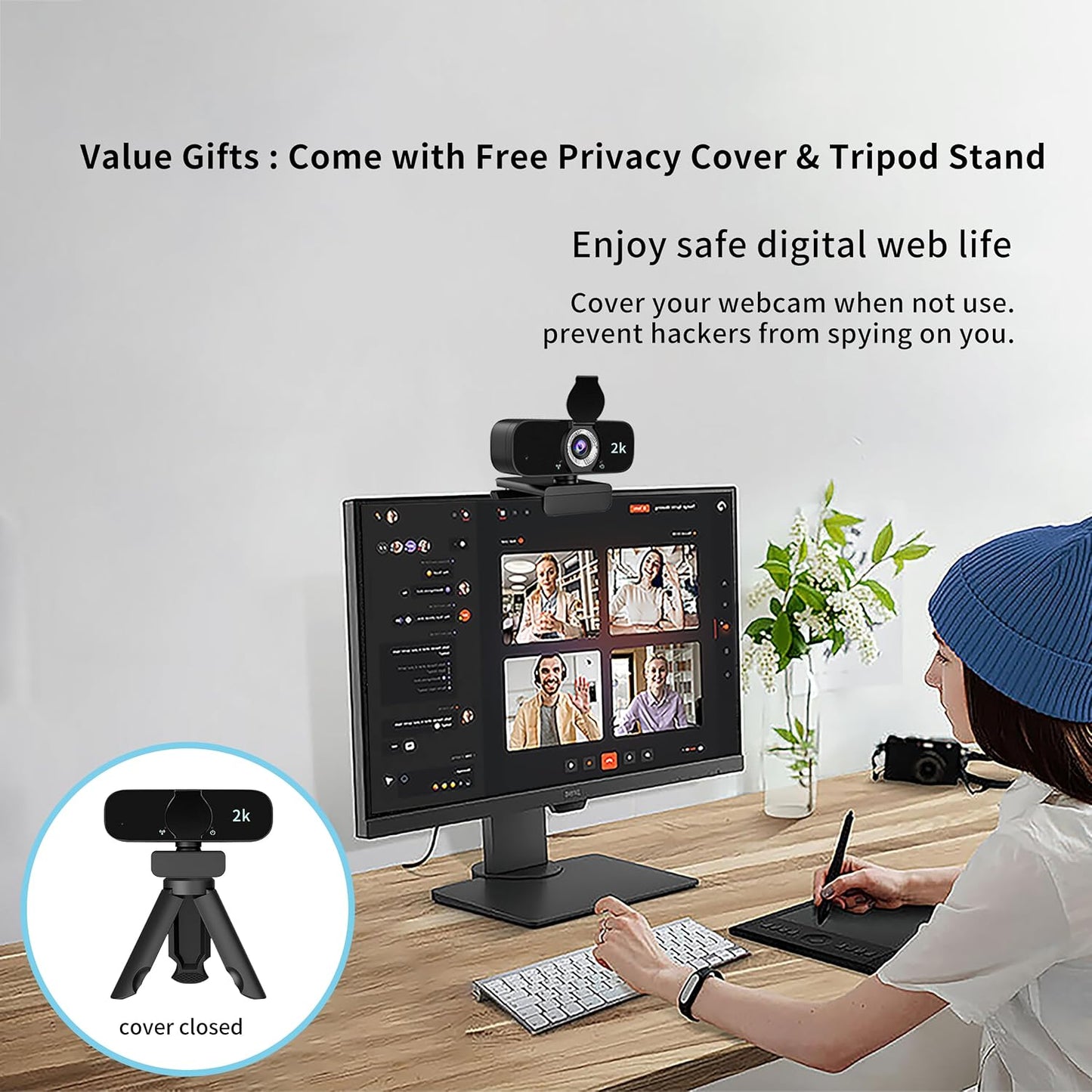 Webcam for Computer, USB Plug&Play, Auto Low Light Correction, Privacy Cover, Tripod, Wide Angle for Meeting/Online Video/Zoom, Web Cam with Microphone (1080p)